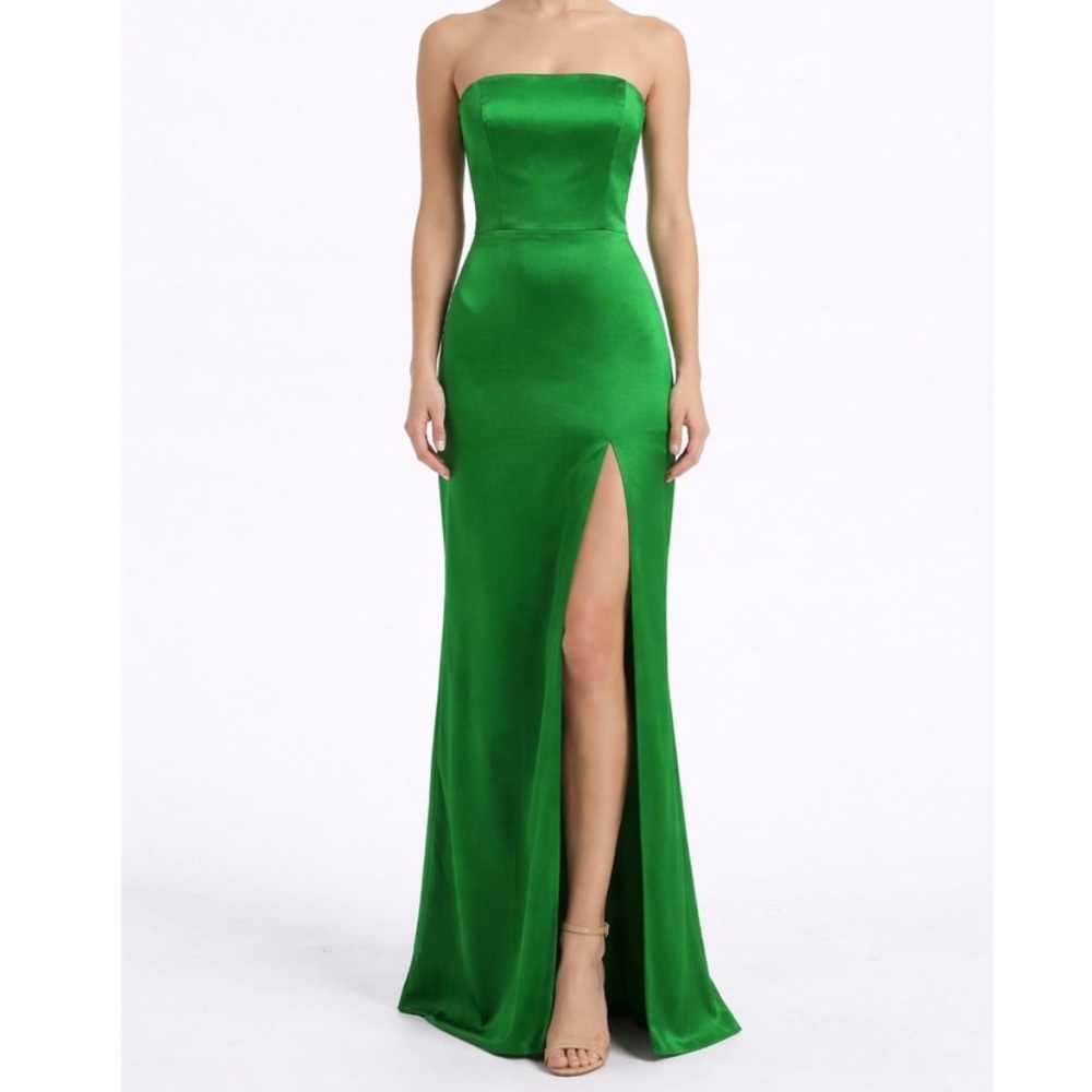 Amanda Uprichard Strapless Emerald Green Silk Maxi Gown with Slit